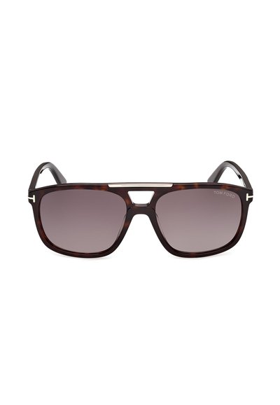 Dark tortoiseshell rectangular sunglasses with gradient lenses and silver accents, including a horizontal bar above the nose bridge.
