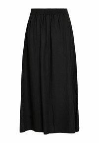 Jupe noire longueur cheville en tissu léger. Dotée d'une taille élastique et de fronces pour un design fluide. Texture douce.