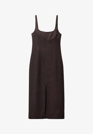 Tummanruskea, hihaton mekko, jossa on neliömäinen kaula-aukko, suora leikkaus ja etupuolen halkio. Valmistettu teksturoidusta kankaasta.