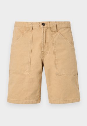 Khaki shorts i bomull med en grov textur, med två framfickor och en knappstängning i midjan.