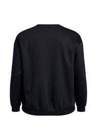 Schwarzer Sweatshirt mit rundem Halsausschnitt, langen Ärmeln und geripptem Saum. Hergestellt aus einem glatten, weichen Stoff; hat eine einheitliche Farbe ohne Muster.