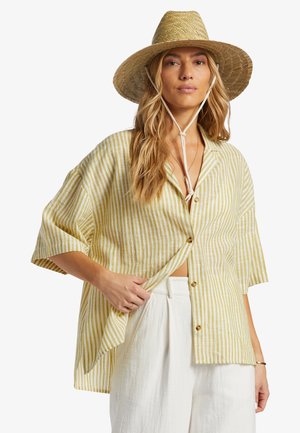 Short-sleeve, button-up shirt with yellow and white vertical stripes. Made from lightweight fabric, features a relaxed fit and a collar.