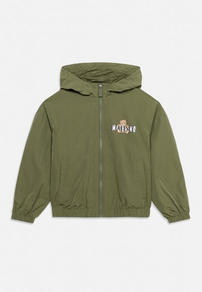 Olive green hooded jacket with front zipper, elastic cuffs and hem, two side pockets, and small teddy bear logo with text on chest.