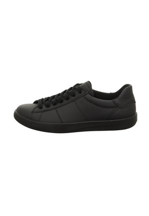 Schwarze Ledersneaker mit runder Zehenpartie, strukturierten Oberflächen, Schnürverschluss und minimalistischem Design. Weiche Innenausstattung und flexible Gummisohle.