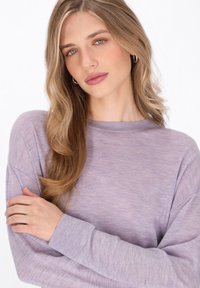 Maglione viola chiaro a maniche lunghe con polsini a coste e vestibilità rilassata, realizzato in un tessuto morbido e leggermente testurizzato. Senza motivi visibili o accessori.