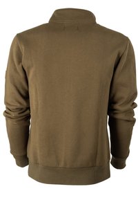 Khakifarbenes Zip-Up Sweatshirt mit hohem Kragen, gerippten Bündchen und Saum sowie einer glatten Textur. Verfügt über ein kleines Logopatch am linken Ärmel.