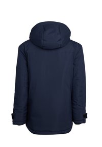 Giacca isolata blu navy con cappuccio staccabile, polsini elasticizzati e orlo arrotondato. Tessuto liscio con dettagli delle cuciture.