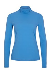 Langarm-Turtleneck-Oberteil in einfarbigem Blau. Aus weichem Stoff mit schmaler Passform und hohem Kragen, mit glatter Textur und ohne Muster.