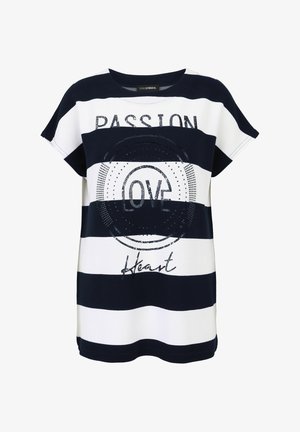 Navy and white striped t-shirt with short sleeves. Features printed graphics: "PASSION," "LOVE," and "Heart" in metallic ink. Soft fabric texture.