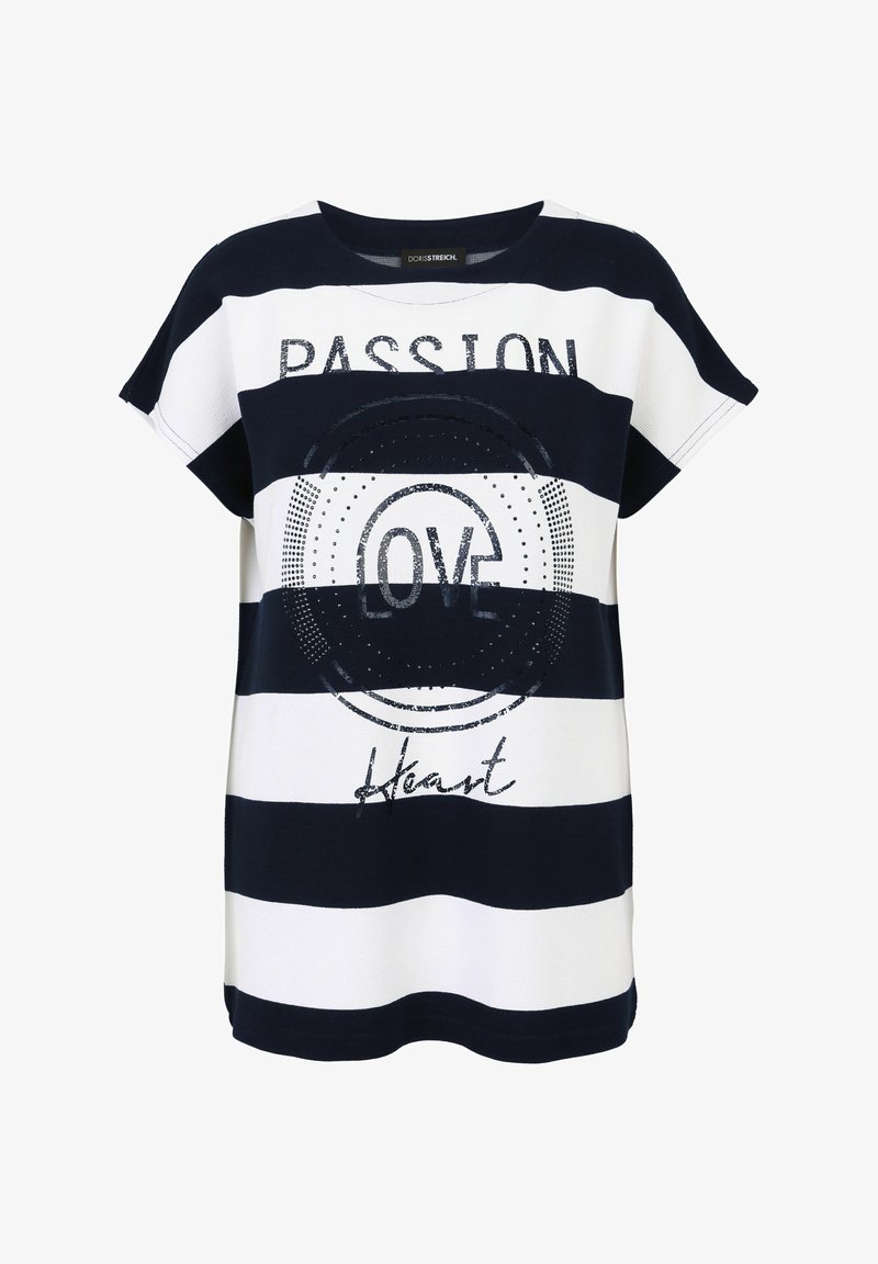 Navy and white striped t-shirt with short sleeves. Features printed graphics: "PASSION," "LOVE," and "Heart" in metallic ink. Soft fabric texture.