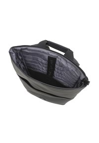 Sac en cuir noir avec un intérieur gris, fermeture éclair, et double poignée supérieure. L'intérieur présente des compartiments rembourrés pour l'organisation.