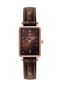 Montre rectangulaire avec un cadran à dégradé sombre, des accents en or rose et un bracelet en cuir marron. Elle présente des index horaires minimalistes et un logo.