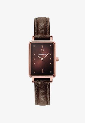 Reloj rectangular con una esfera de degradado oscuro, acentos en oro rosa y una correa de cuero marrón. Presenta marcadores de horas minimalistas y un logo.