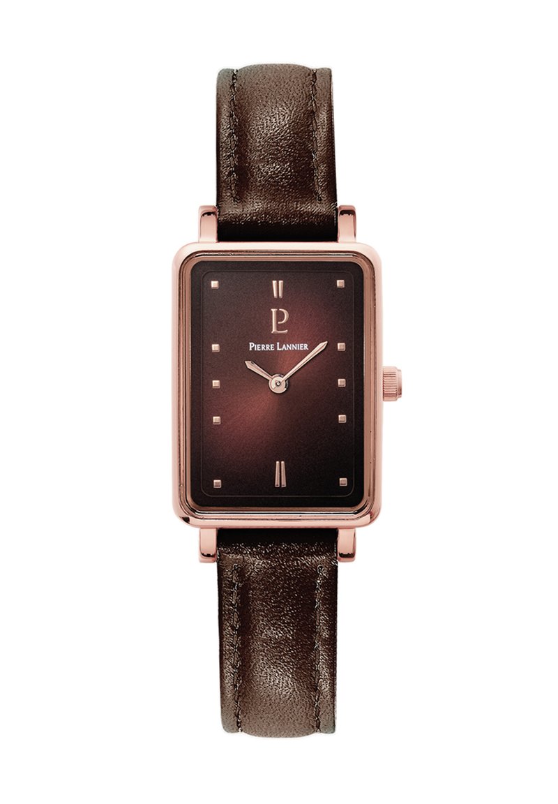 Montre rectangulaire avec un cadran à dégradé sombre, des accents en or rose et un bracelet en cuir marron. Elle présente des index horaires minimalistes et un logo.