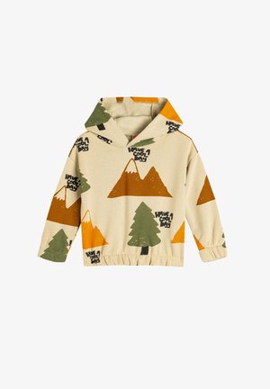 Sudadera con capucha de color crema que presenta patrones de montañas y árboles en verde y naranja, con un dobladillo elástico y texto impreso.