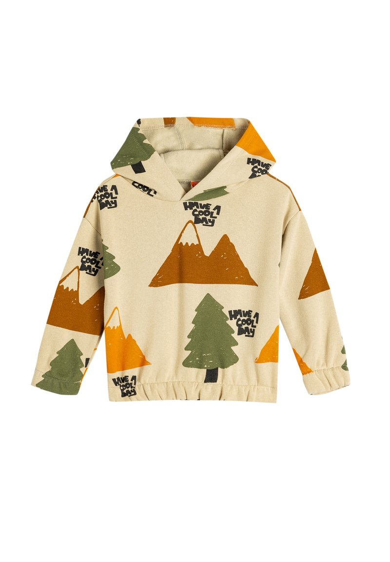 Felpa con cappuccio color crema caratterizzata da motivi di montagne e alberi in verde e arancione, con un orlo elasticizzato e testo stampato.