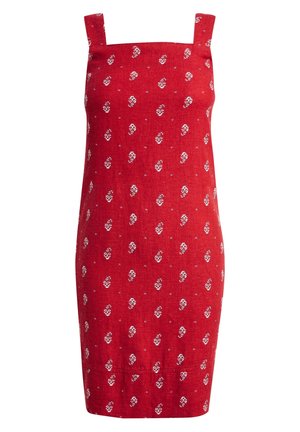 Rød ærmeløs kjole med firkantet udskæring, med små hvide blomsterprint jævnt fordelt over stoffet.