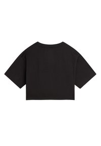 Mustat crop-top paidat, jotka on valmistettu puuvillasta, lyhyillä hihoilla, pyöreällä kaula-aukolla ja sileällä tekstuurilla. Ei näkyviä kuvioita tai korostuksia.