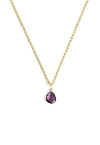 Collana in oro con pendente a forma di pera in pietra preziosa viola, superficie sfaccettata e design del gancio semplice.