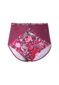 Hooggetailleerde panties met bordeauxrode kant over bloemmotief stof met roze en groene patronen, en een knoopdetail aan de voorkant.