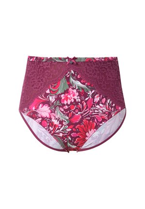 Slip a vita alta con bordo in pizzo bordeaux su tessuto stampato a fiori caratterizzato da motivi rosa e verdi, e un dettaglio a bottone sulla parte anteriore.