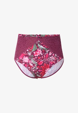 Majtki z wysokim stanem z burgundową koronką na tle tkaniny w kwiatowy wzór z różowymi i zielonymi motywami oraz detalem w postaci guzika z przodu.