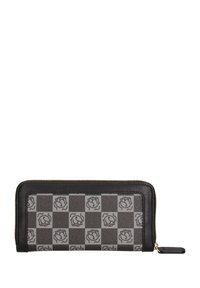 Portafoglio in pelle nera con un motivo a scacchi grigio e dettagli in rosa. Chiusura con zip e superficie strutturata con dettagli in metallo dorato.
