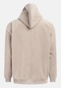 Beige fleece hoodie with a textured surface, featuring a full hood, long sleeves, and ribbed cuffs. Back view shows minimal detailing.