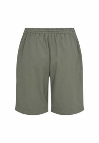 Shorts vert olive en tissu léger, dotés d'une taille élastique et d'une coupe décontractée, avec des coutures latérales et une texture lisse.
