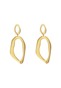 Orecchini in metallo color oro caratterizzati da una forma organica e astratta con componenti ovali collegate e una finitura liscia opaca.