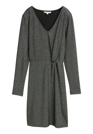 Glitzerndes schwarzes Kleid mit langen Ärmeln, V-Ausschnitt, einem verdrehten Knoten-Detail vorne und einer weichen, glatten Textur. Mittlere Oberschenkellänge.