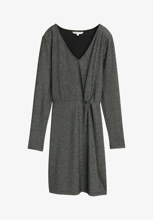 Glitzerndes schwarzes Kleid mit langen Ärmeln, V-Ausschnitt, einem verdrehten Knoten-Detail vorne und einer weichen, glatten Textur. Mittlere Oberschenkellänge.