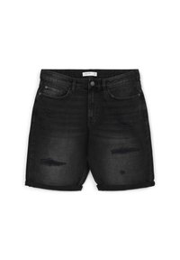 Black denim shorts featuring distressed detailing, a rolled hem, five-pocket design, and a button closure with a subtle brand label.