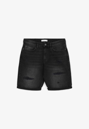 Shorts in denim nero con dettagli strappati, orlo arrotolato, design a cinque tasche e chiusura con bottone, arricchiti da un sottile etichetta del marchio.