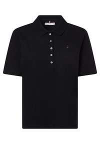 Schwarzes Polo-Shirt mit kurzen Ärmeln, fünfknöpfiger Knopfleiste, kleinem gesticktem Logo auf der linken Brust und klassischem Kragen.