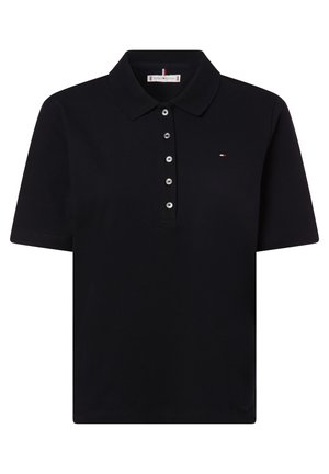 Schwarzes Polo-Shirt mit kurzen Ärmeln, fünfknöpfiger Knopfleiste, kleinem gesticktem Logo auf der linken Brust und klassischem Kragen.