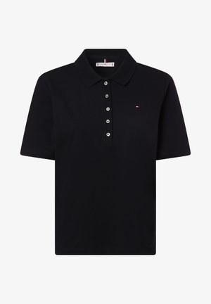 Black short-sleeve polo shirt with five-button placket, small embroidered logo on left chest, and classic collar.