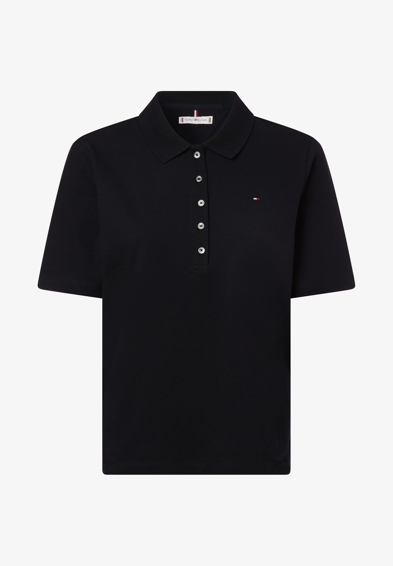 Schwarzes Polo-Shirt mit kurzen Ärmeln, fünfknöpfiger Knopfleiste, kleinem gesticktem Logo auf der linken Brust und klassischem Kragen.