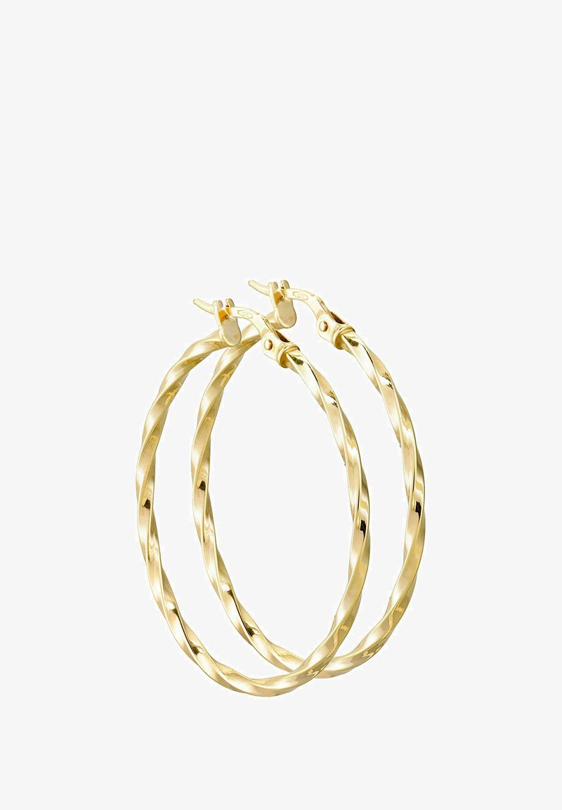 Zlaté skrútené kruhové náušnice s lesklým povrchom. Majú bezpečné zapínanie a kruhový tvar, s priemerom približne 7,5 cm.