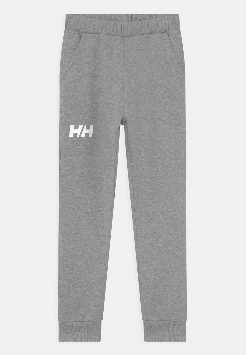 Pantalones deportivos grises con cintura elástica, dos bolsillos laterales, puños acanalados y logo "HH" blanco en el muslo izquierdo.