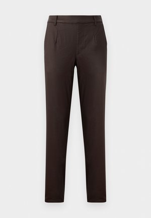 Braune maßgeschneiderte Hosen mit glatter Textur, mit vorderen Taschen, einem flachen Frontdesign und einer schlanken Passform.