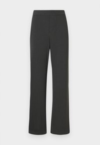 Black pinstriped trousers with a straight-leg design, featuring an elastic waistband and a smooth, textured fabric.