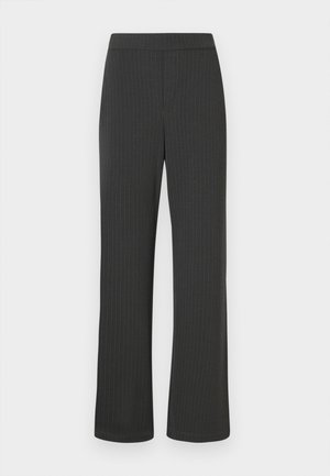 Black pinstriped trousers with a straight-leg design, featuring an elastic waistband and a smooth, textured fabric.