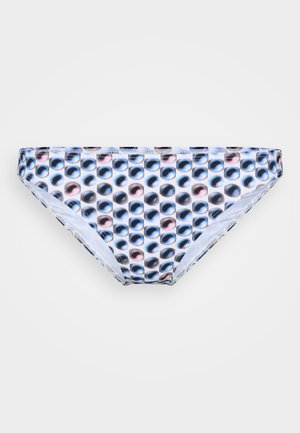 Bottom de bikini cu un model grafic de cercuri suprapuse în culorile negru, albastru și roz pe un fond alb. Fabricat dintr-un material elastic.
