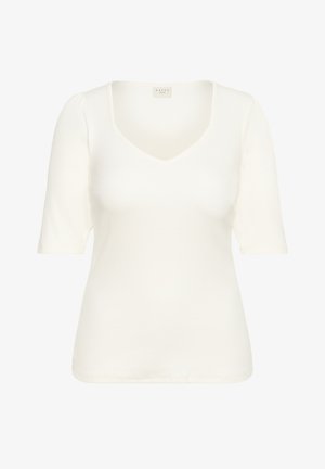 Top blanco de manga corta con textura acanalada, escote en forma de V y ligeras mangas abullonadas, etiquetado "Kaffe curve" en el cuello.