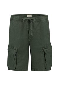 Dunkelgrüne Leinen-Cargo-Shorts mit elastischem Bund, Kordelzugverschluss und zwei seitlichen Taschen mit Klappendetails.