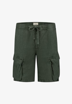 Temnozeleni laneni cargo kratki hlače z elastičnim pasom, zapiranjem na vrvico in dvema stranskima žepoma z opozorilnimi podrobnostmi.