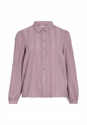 Light purple long-sleeve shirt with a button-down front, collared neck, textured fabric, and vertical stripes with small cut-out details.