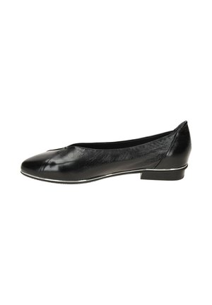 Black leather women's flat shoe with slightly pointed toe, low heel, and silver trim detail along the sole edge.