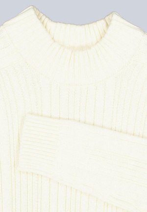Ribbed cream sweater featuring a high, round neckline and long sleeves. Made of soft, textured fabric with vertical stripes.